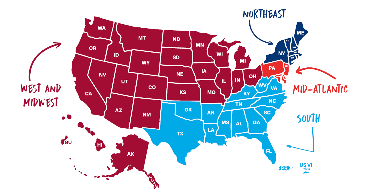 United States map color coded to reflect UPenn Admissions regions