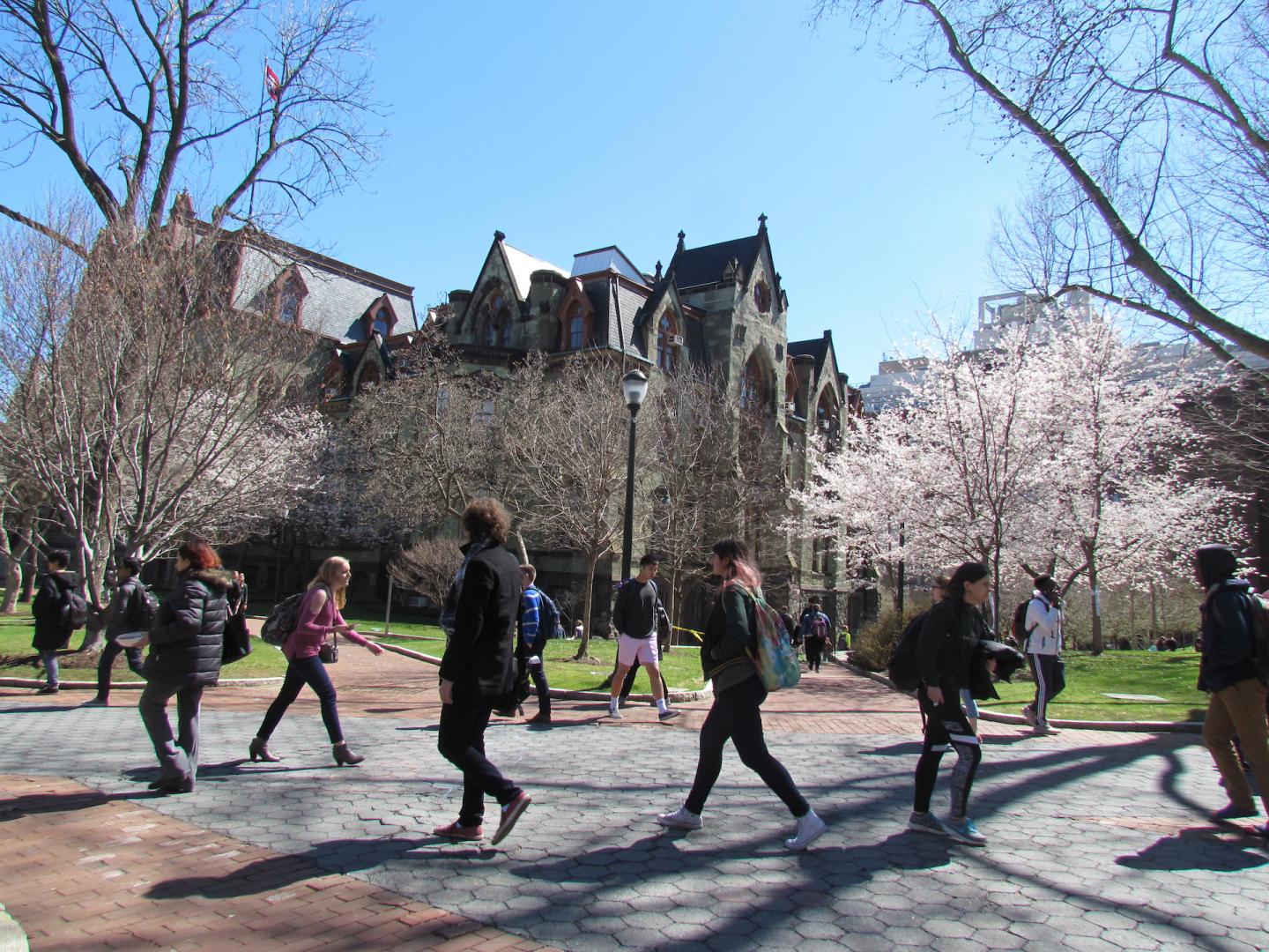 Students on Locust Walk near College Hall 