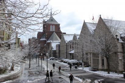 Campus in the snow near Houston Hall 