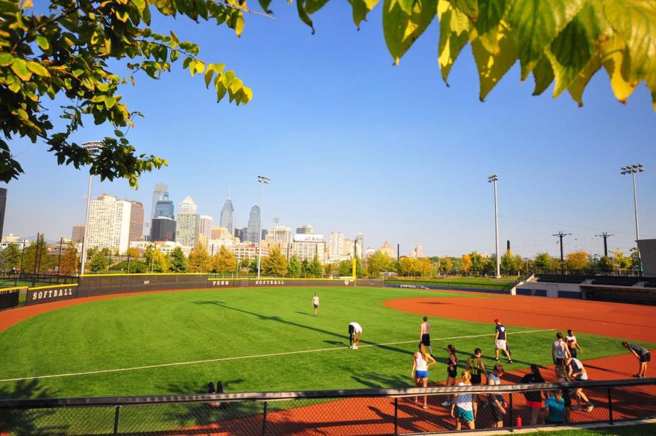 Penn's softball field with view of Philadelphia skyline