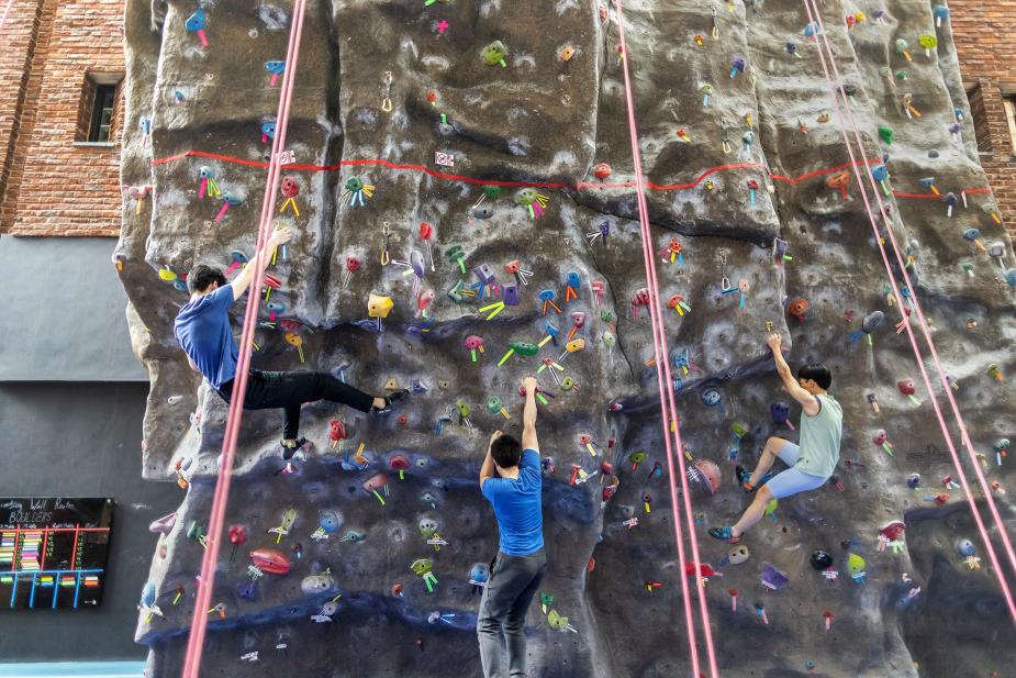 Students rock climbing at Pottruck Fitness Center