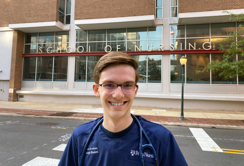 Steven Graham in front of Penn's School of Nursing