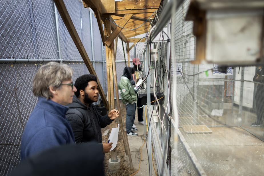 Student observing experiments with professor