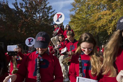 The Penn Band playing through campus for their centennial celebration