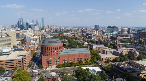 Aerial view of Huntsman Hall against the Philadelphia skyline