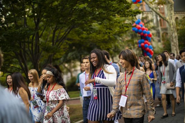 First-year students walking through campus