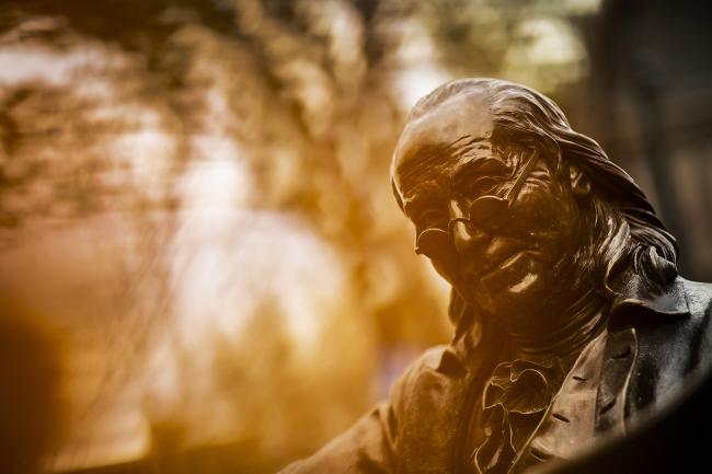 Ben Franklin statue in sunlight