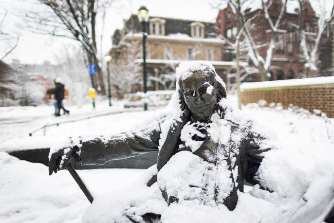 Ben Franklin statue in the snow