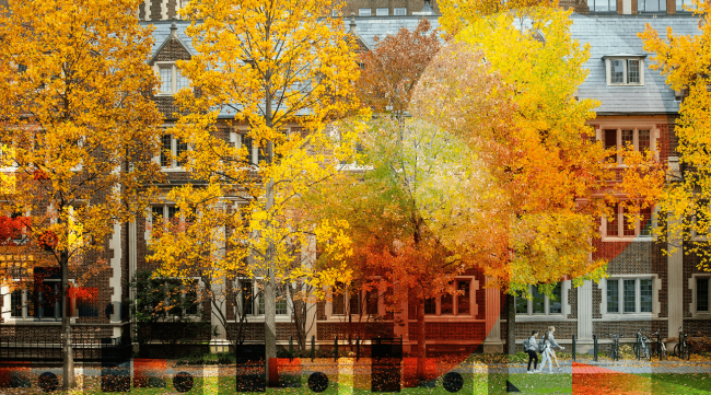 Two Penn students walking across campus. The image is overlayed by orange, red, and yellow circles.