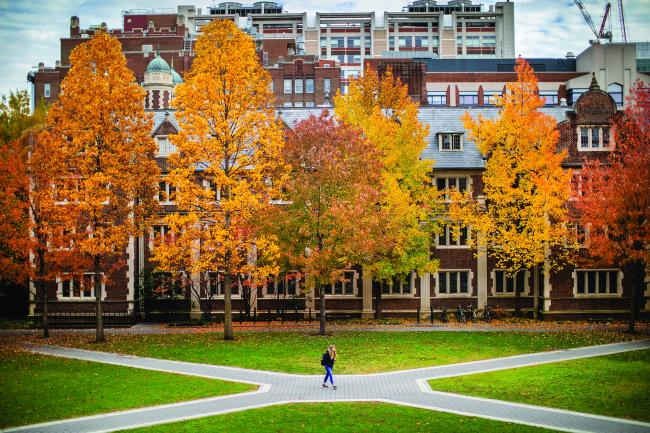 Penn student stands in the middle of path intersecting with other walkways. 