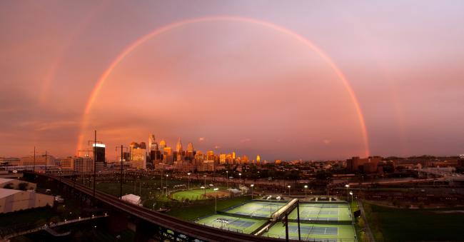 Philadelphia skyline with rainbow