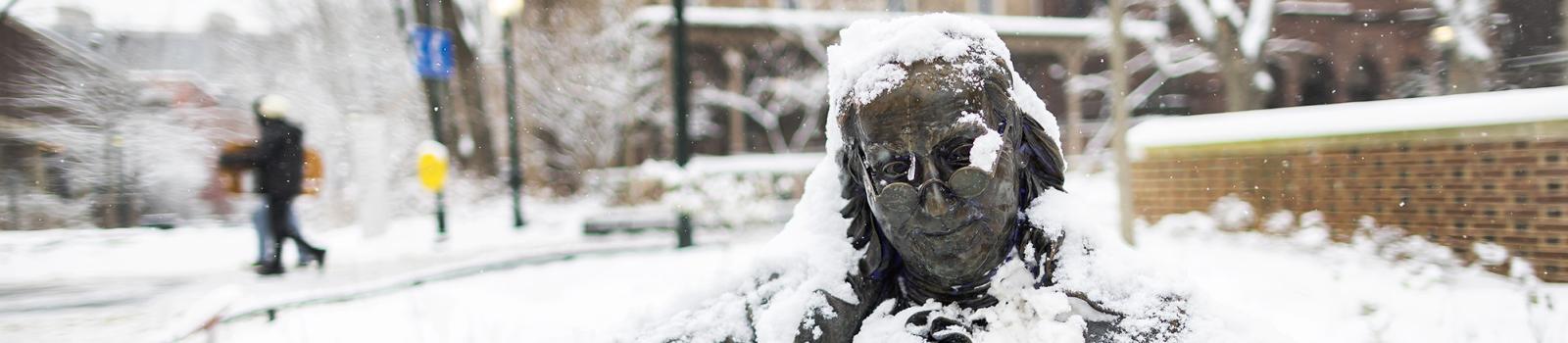 Ben Franklin statue in the snow