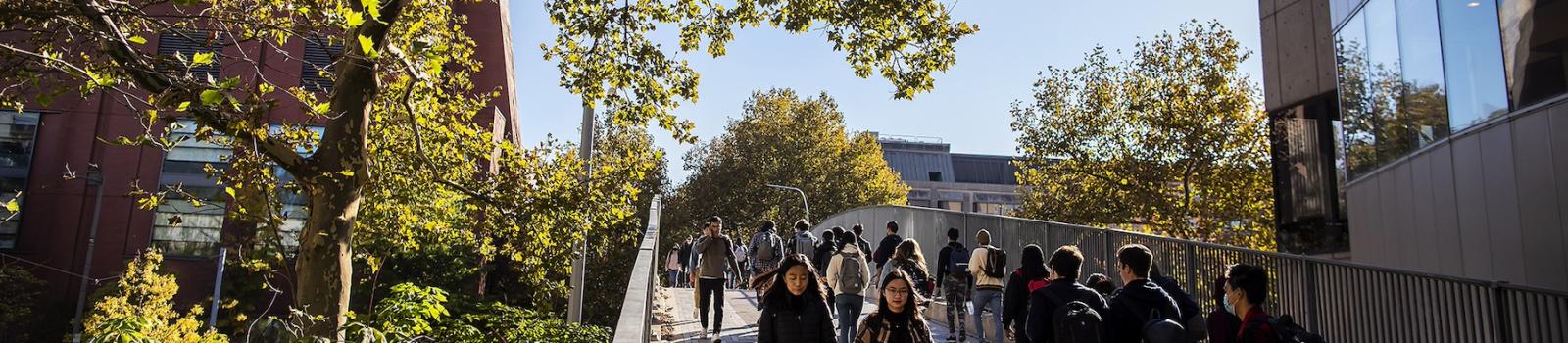 Students walking over bridge on campus