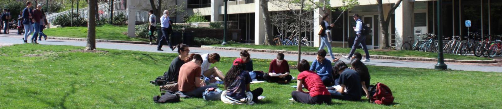 Students on College Green near Van Pelt Library .