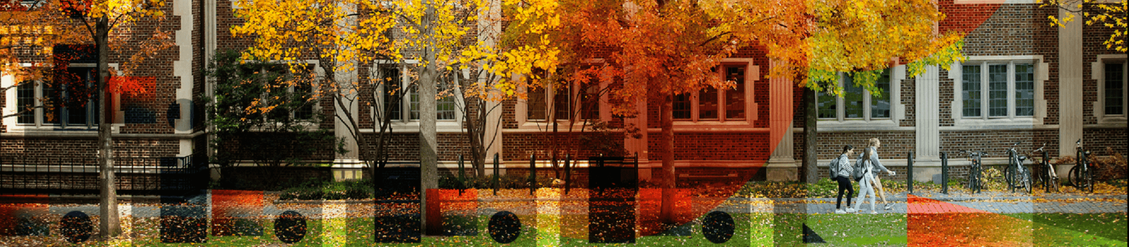 Three Penn students walking across campus. The image is overlayed by orange, red, and yellow circles.